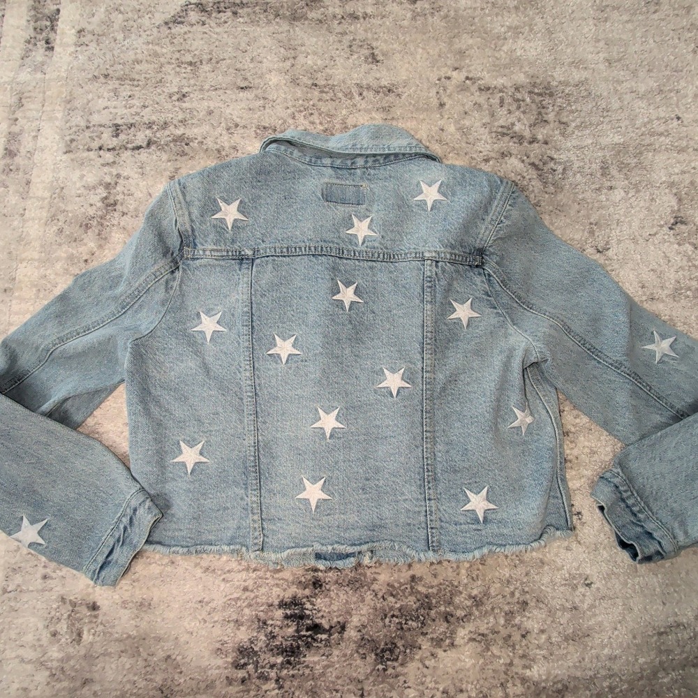 Zenana M Cropped Star Embroidered Denim Jacket Light Wash Raw Hem Western Y2K - Picture 10 of 14